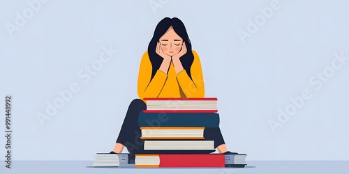 ### Description
A stressed student sits with her head in her hands, surrounded by towering stacks of books, symbolizing academic pressure and study challenges. photo