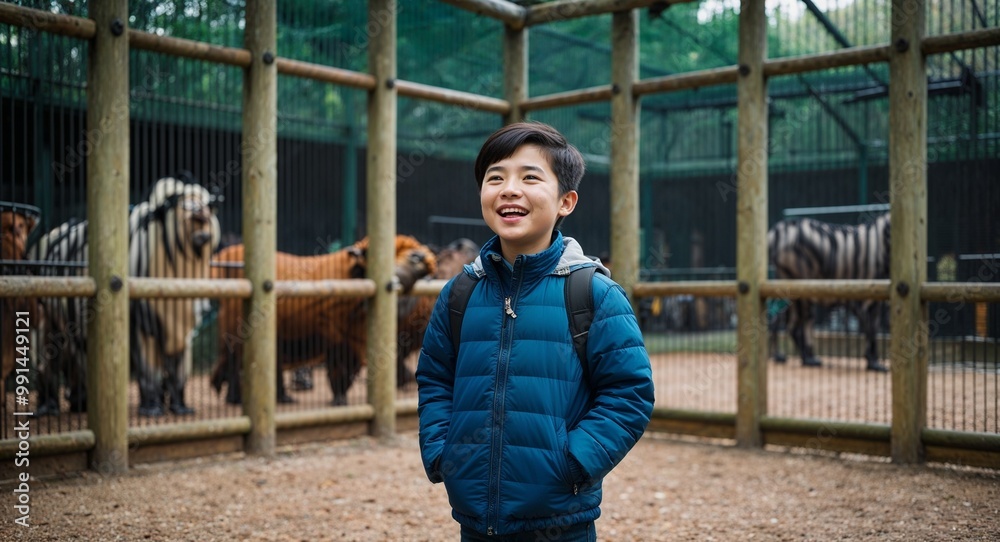 Obraz premium Joyful young Asian boy wearing a jacket in a zoo with animal enclosures