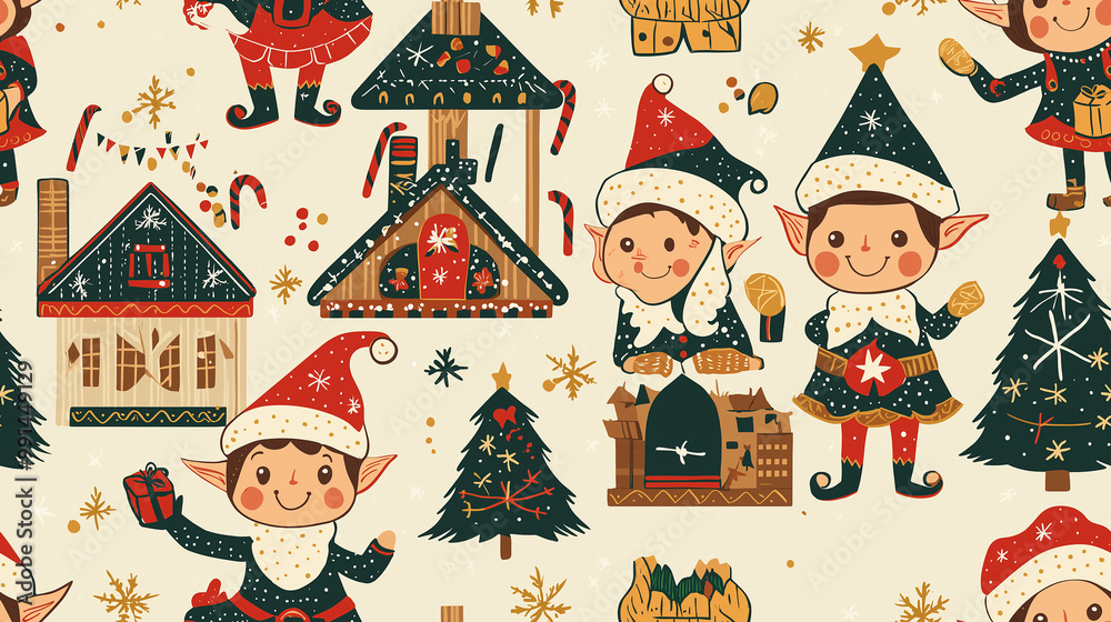 Fototapeta premium Create a continuous pattern of Christmas elves baking cookies, making toys, and decorating the workshop
