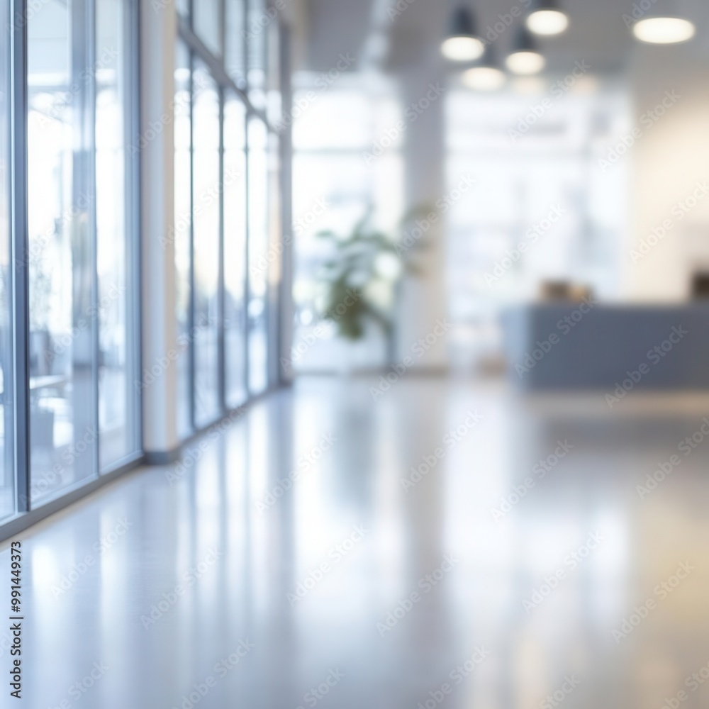Fototapeta premium A blurred view of a contemporary office space featuring panoramic windows and soft natural light