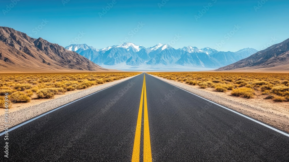 A stunning wide road leading through a desert landscape with majestic mountains in the background and clear blue skies above. A stunning wide road leading through a desert landscape with majestic mountains in the background and clear blue skies above.
