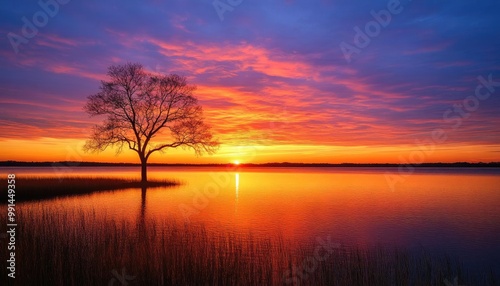 A stunning sunset over water with a silhouette of a tree, blending colors of orange, purple, and blue in the sky.