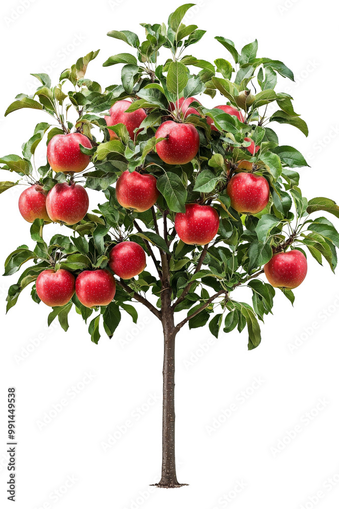 A fruit-bearing apple tree with red apples and green leaves, isolated on transparent background, PNG file, ideal for orchard themes A fruit-bearing apple tree with red apples and green leaves, isolated on transparent background, PNG file, ideal for orchard themes