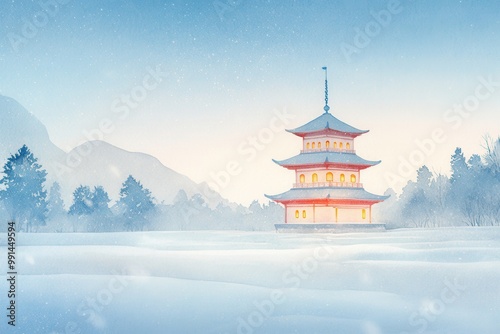 Wallpaper Mural Frozen pagoda, glowing lanterns softly illuminating the snowcovered structure, mystical and serene, watercolor style, watercolor illustration, having ample space for text Torontodigital.ca