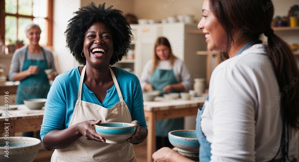 Laughing middleaged Black woman wearing casual clothes in a pottery class