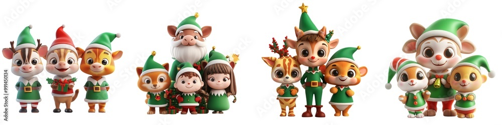 Cheerful cartoon characters dressed in festive attire celebrating the holiday season with joy and camaraderie. Cheerful cartoon characters dressed in festive attire celebrating the holiday season with joy and camaraderie.