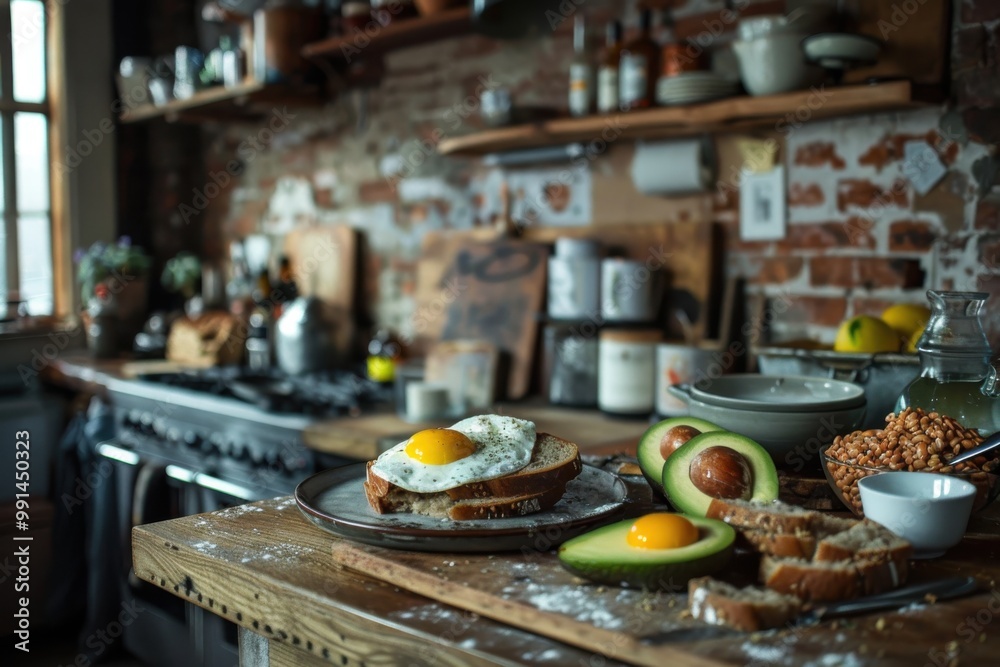 Rustic Kitchen Breakfast: A simple yet satisfying breakfast scene, featuring a rustic kitchen counter with a plate of avocado toast topped with fried eggs. Rustic Kitchen Breakfast: A simple yet satisfying breakfast scene, featuring a rustic kitchen counter with a plate of avocado toast topped with fried eggs.