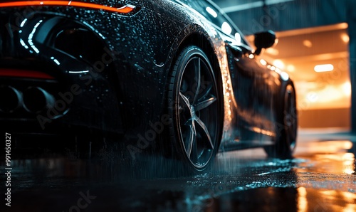 Sleek black sports car with water droplets parked at night, captured in a dynamic low-angle shot, reflecting city lights. photo