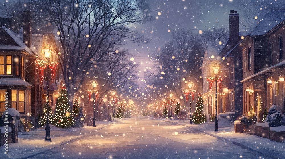 A peaceful, snowy street lined with festive Christmas lights, softly glowing in the cool watercolor tones of evening, Generative AI A peaceful, snowy street lined with festive Christmas lights, softly glowing in the cool watercolor tones of evening, Generative AI