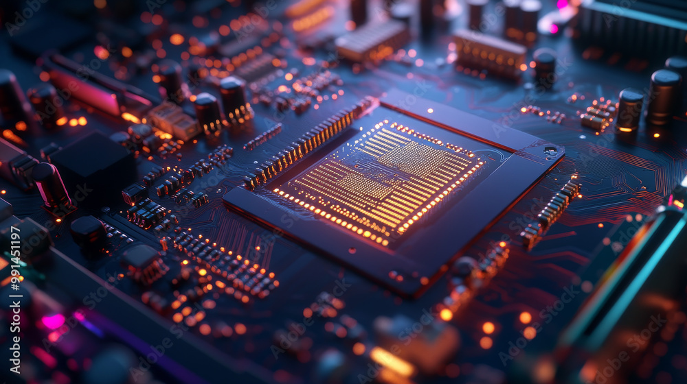 The image shows a computer's circuit board, highlighting the central processing unit (CPU) and other chips on the motherboard. The image shows a computer's circuit board, highlighting the central processing unit (CPU) and other chips on the motherboard.