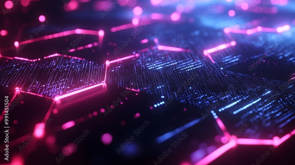 Abstract Neon Lights and Hexagons on a Dark Surface Abstract Neon Lights and Hexagons on a Dark Surface