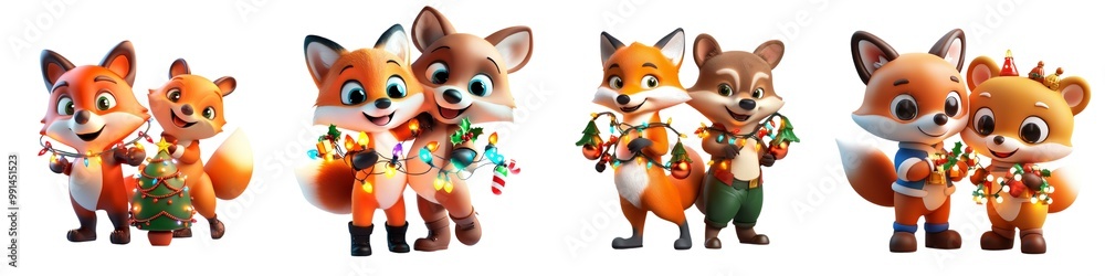Fototapeta premium Whimsical fox characters celebrate with gifts and decorations, perfect for holiday-themed creative projects.