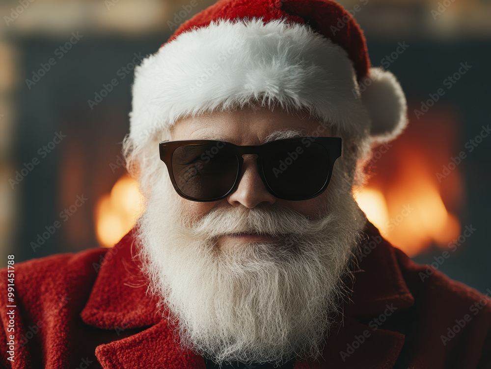 Festive Santa Claus wearing trendy sunglasses and classic red suit, exuding modern vibe against cozy fireplace backdrop. His cheerful expression adds playful touch to holiday spirit Festive Santa Claus wearing trendy sunglasses and classic red suit, exuding modern vibe against cozy fireplace backdrop. His cheerful expression adds playful touch to holiday spirit