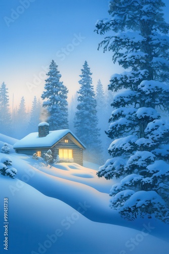 Snowcovered woodland cabin, glowing warmly from within, nestled in a remote winter forest, watercolor style, watercolor illustration, having ample space for text