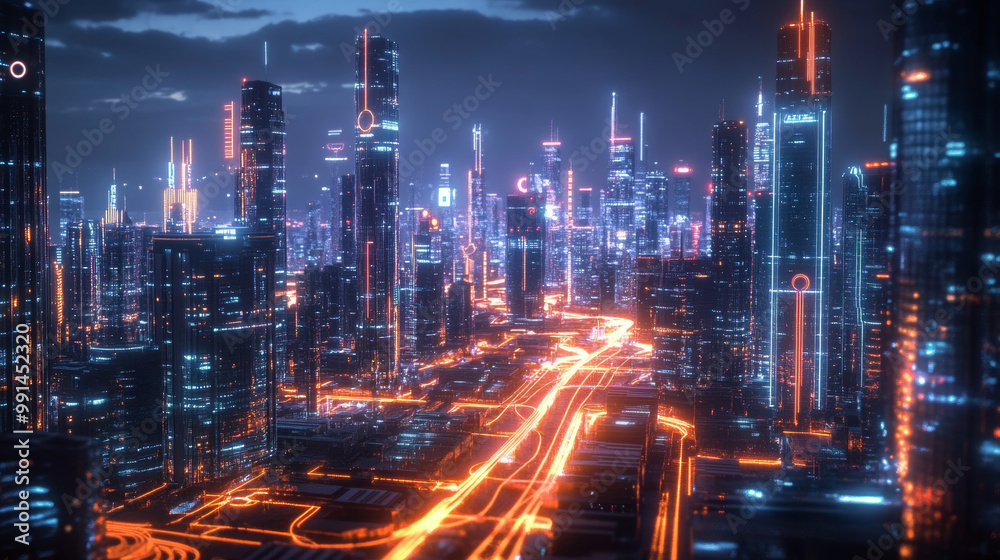 A smart city at night, glowing with the power of 5G and WiFi. This futuristic city connects everything with the internet, making life fast, convenient, and always connected. A smart city at night, glowing with the power of 5G and WiFi. This futuristic city connects everything with the internet, making life fast, convenient, and always connected.