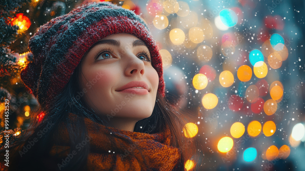 young woman wearing cozy red hat and scarf gazes upwards, surrounded by soft snowflakes and colorful bokeh lights, evoking warm holiday spirit young woman wearing cozy red hat and scarf gazes upwards, surrounded by soft snowflakes and colorful bokeh lights, evoking warm holiday spirit