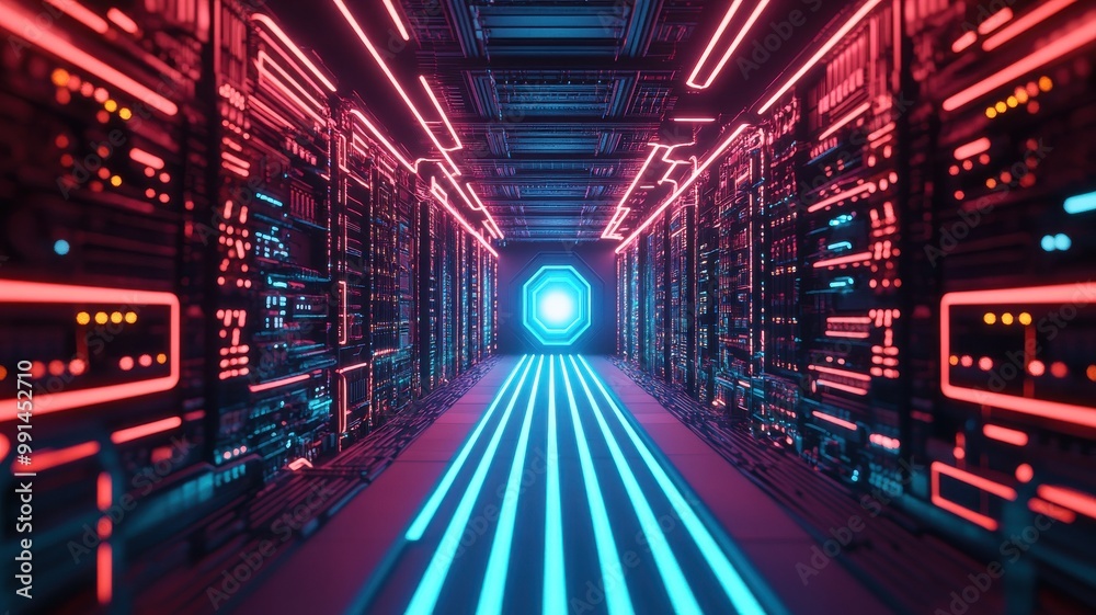 Fototapeta premium A futuristic corridor illuminated by vibrant neon lights, leading to a glowing blue portal, showcasing advanced technology and design.