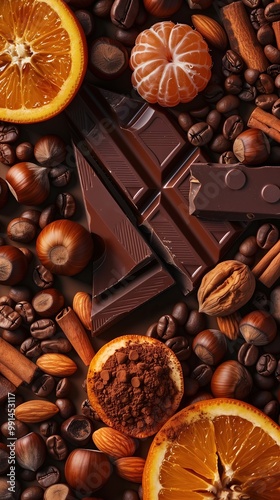 Featuring a flat lay of roasted coffee beans, citrus slices, and nuts on a dark backdrop, this image is ideal for marketing a coffee shop or dessert brand.
