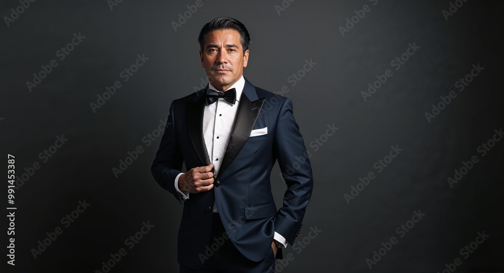 Middleaged Hispanic man in a luxurious tuxedo posing sharply against a dark charcoal background Middleaged Hispanic man in a luxurious tuxedo posing sharply against a dark charcoal background