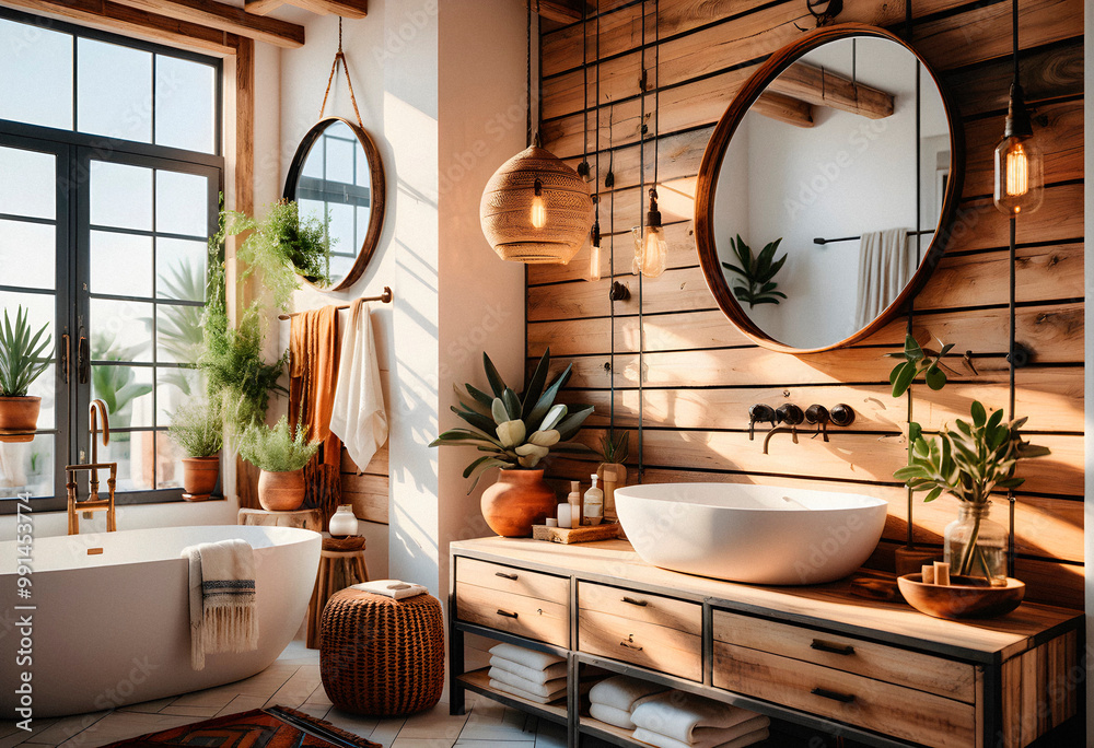Modern bathroom interior with wooden decor in eco style. AI generated. Modern bathroom interior with wooden decor in eco style. AI generated.