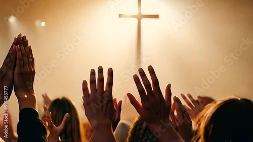 A diverse group of people lifts their hands in worship during an emotional church service, illuminated by warm lights and featuring a prominent cross in the background