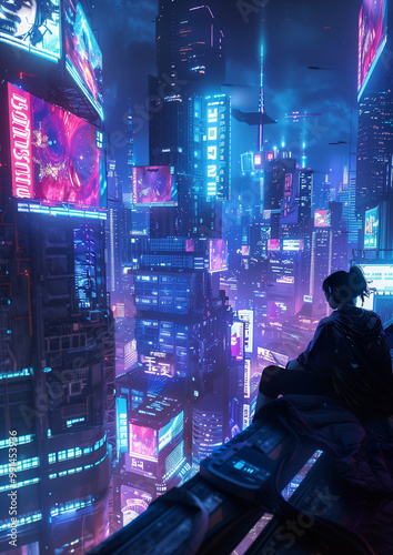 Futuristic Cyberpunk City Skyline with Neon Lights and a Lone Figure