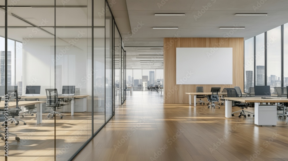 Fototapeta premium Modern open office, spacious layout, wooden accents, glass partitions, natural light, cityscape view, professional atmosphere