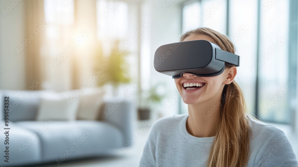A smiling woman enjoying a virtual reality experience in a modern home setting, showcasing technology and happiness.