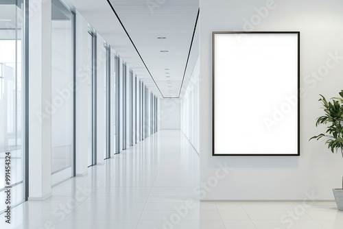 Modern Office Hallway with Blank Poster, Minimalist Design, Bright Lighting, Glass Walls, Potted Plant