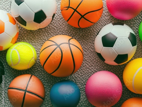 Colorful sports balls arranged on a textured surface, showcasing basketball, soccer, and tennis designs for vibrant athletic themes.