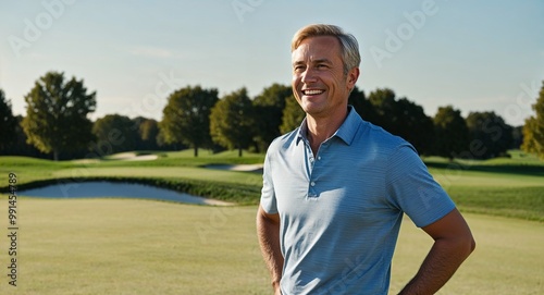 Smiling middleaged Caucasian man wearing a casual shirt at a golf course