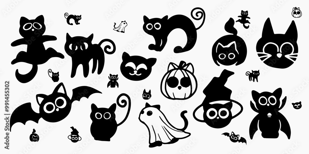 Fototapeta premium Set of Halloween Cute Black Cat Hand Drawn Clipart in Vector