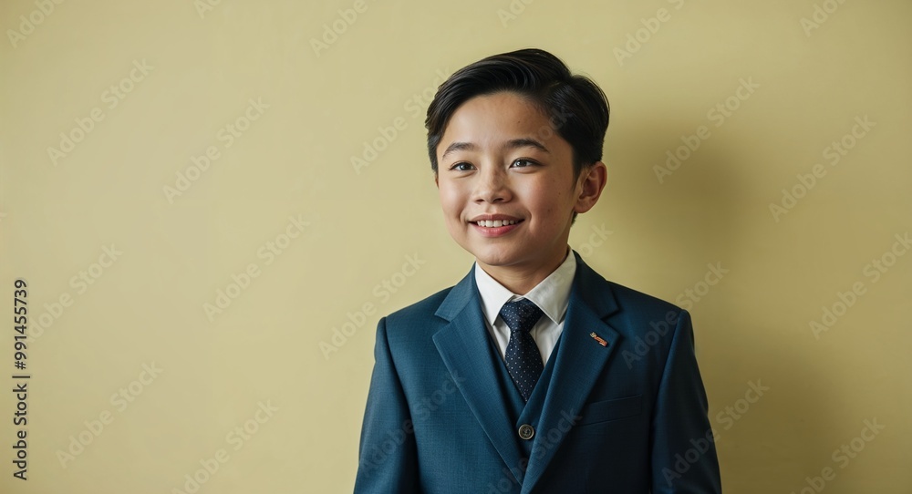 Young Asian boy in a stylish suit posing charmingly against a soft yellow background