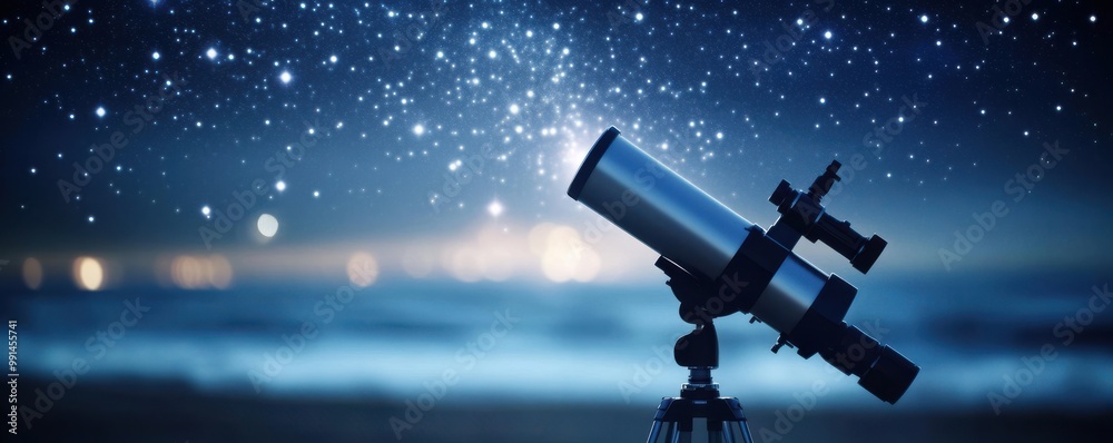 Fototapeta premium A stunning view of a telescope aimed at a starry night sky, capturing the beauty of astronomy and the cosmos.