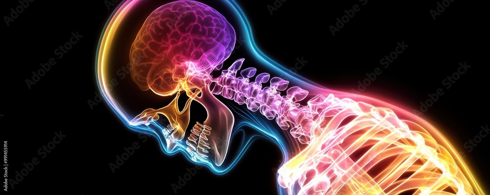 A vibrant illustration of the human skeleton showcasing the spine and skull, highlighting anatomical details in vivid colors. A vibrant illustration of the human skeleton showcasing the spine and skull, highlighting anatomical details in vivid colors.