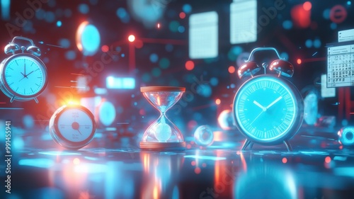 A futuristic scene featuring various timekeeping devices illuminated by glowing lights, symbolizing the passage of time. photo