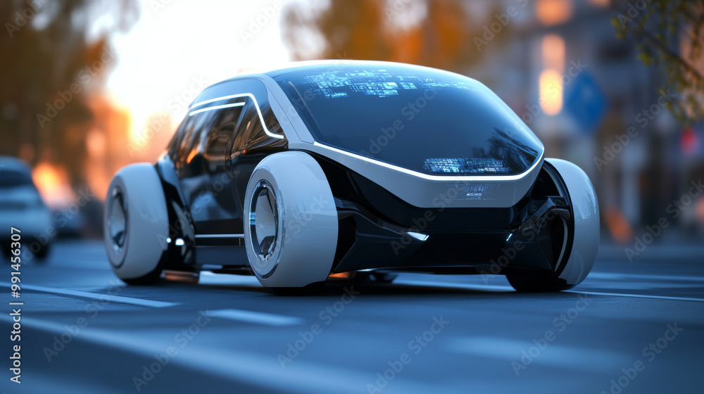 A futuristic car designed to drive itself, using artificial intelligence (AI). It has advanced GPS tracking and safety features.