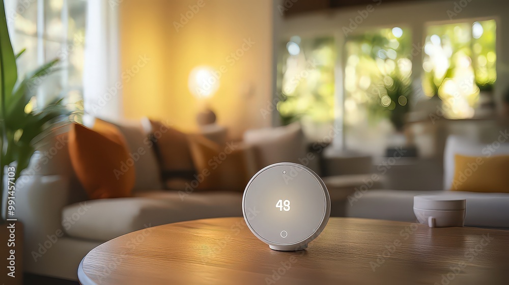 Smart home device displayed on wooden table in modern living room, integrating technology with comfort for a connected and energy-efficient lifestyle. Smart home device displayed on wooden table in modern living room, integrating technology with comfort for a connected and energy-efficient lifestyle.