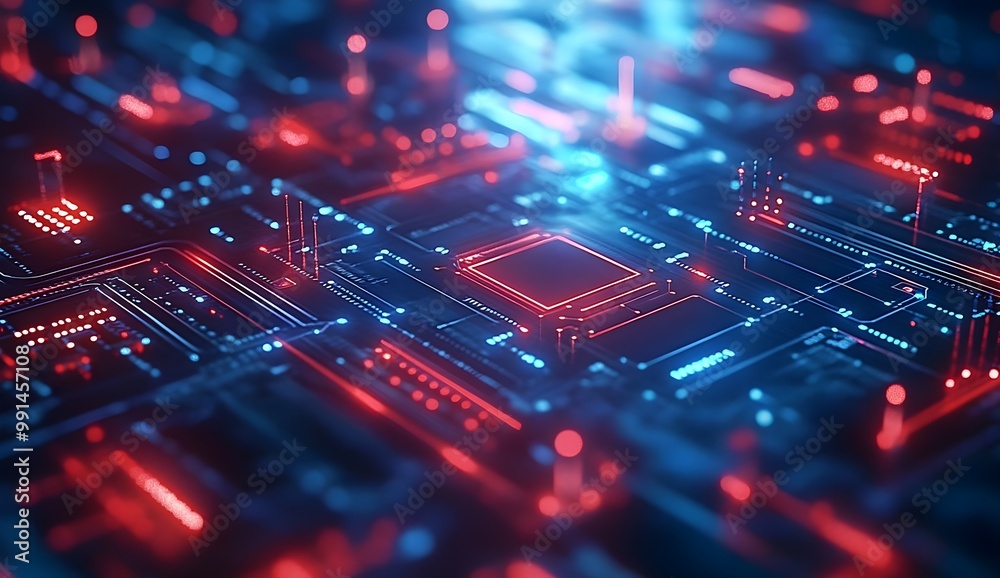 Futuristic Circuit Board with Glowing Red and Blue Lights Futuristic Circuit Board with Glowing Red and Blue Lights