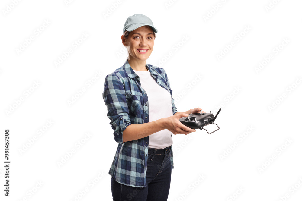 Young female farmer flying a drone, smart farming and advanced technology concept Young female farmer flying a drone, smart farming and advanced technology concept