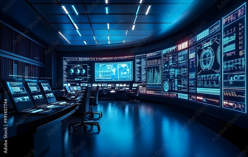 Futuristic Control Room with Large Display Screens Futuristic Control Room with Large Display Screens