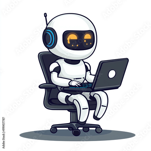 Playful Cartoon Robot Character in Modern Workspace with Headphones and Laptop