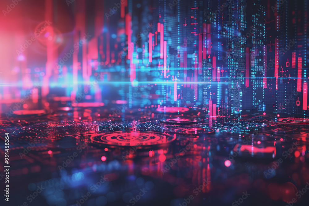 Fototapeta premium Blue financial graphs and charts with coins show business growth and investment market profits.