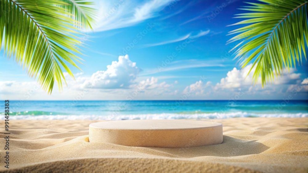 Obraz premium Summer sand and tropical sea background with an empty podium shot from a low angle, scenic, holiday, tranquil, relaxation, shore, paradise, sand, crystal clear, empty, hot, podium