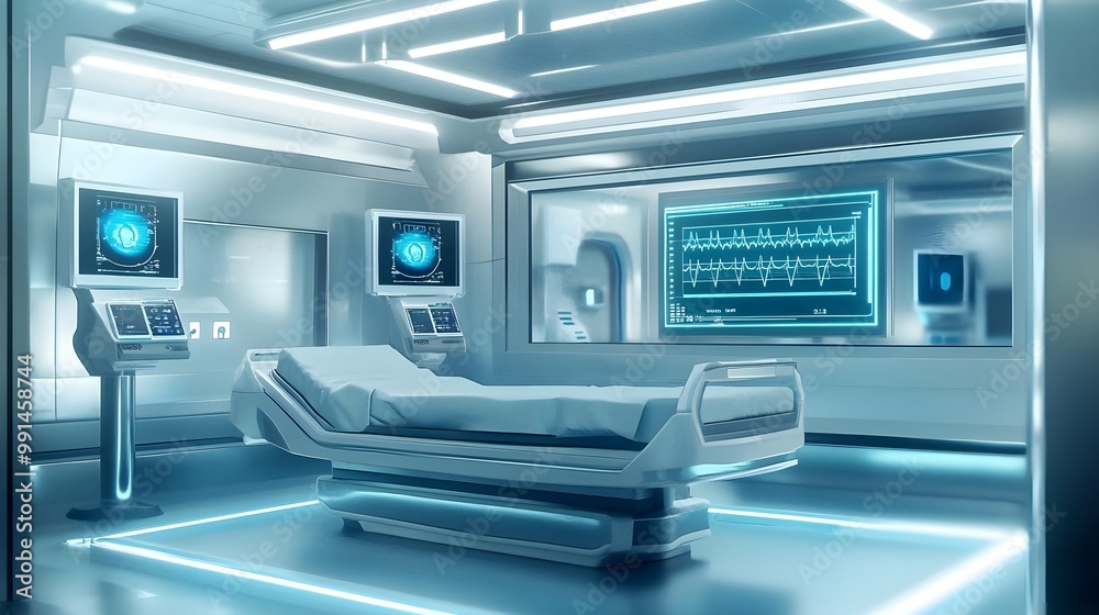 Futuristic Hospital Room with Advanced Operating Bed Futuristic Hospital Room with Advanced Operating Bed