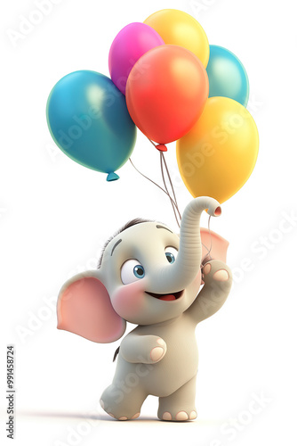 A cute elephant holding colorful carnival balloons on green background with copy space