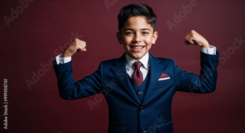 Young Hispanic boy in a tailored suit posing with enthusiasm against a rich burgundy background