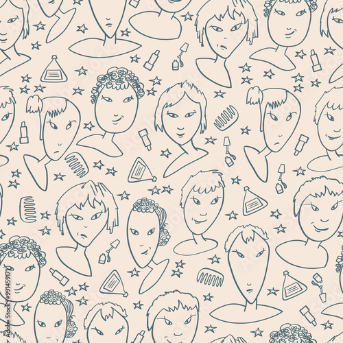 Seamless background with funny faces of anthropomorphic creatures. Humorous characters with different emotions