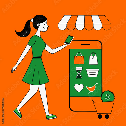 A set of images showing the Use of mobile apps for shopping, transferring money, saving time, paying bills, etc