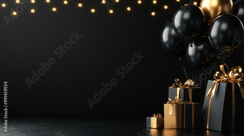 Holiday shopping spree setting with shiny black balloons, goldribboned presents photo